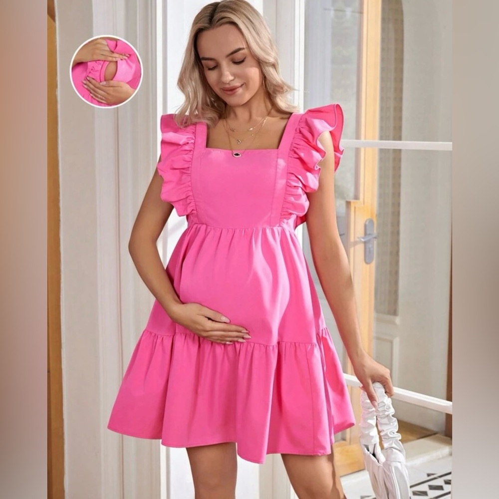 *BRAND NEW*‎ SHEIN Pink Ruffled Tiered Maternity Dress